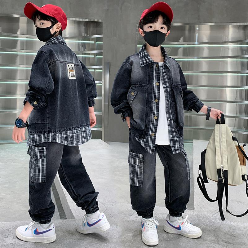 Boys' Trendy Plaid Denim Set: Spring/Autumn Korean Style 2025, Two-Piece Look for Mid-to-Big Kids