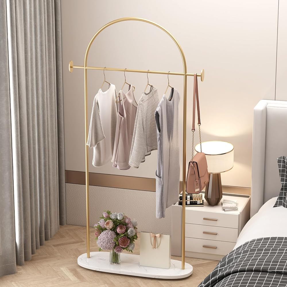 Gold Clothing Rack, Modern Clothes Ra With Shelf, Heavy Duty Freestanding Coat Rack, Metal Coat Hanger Stand With Hooks For