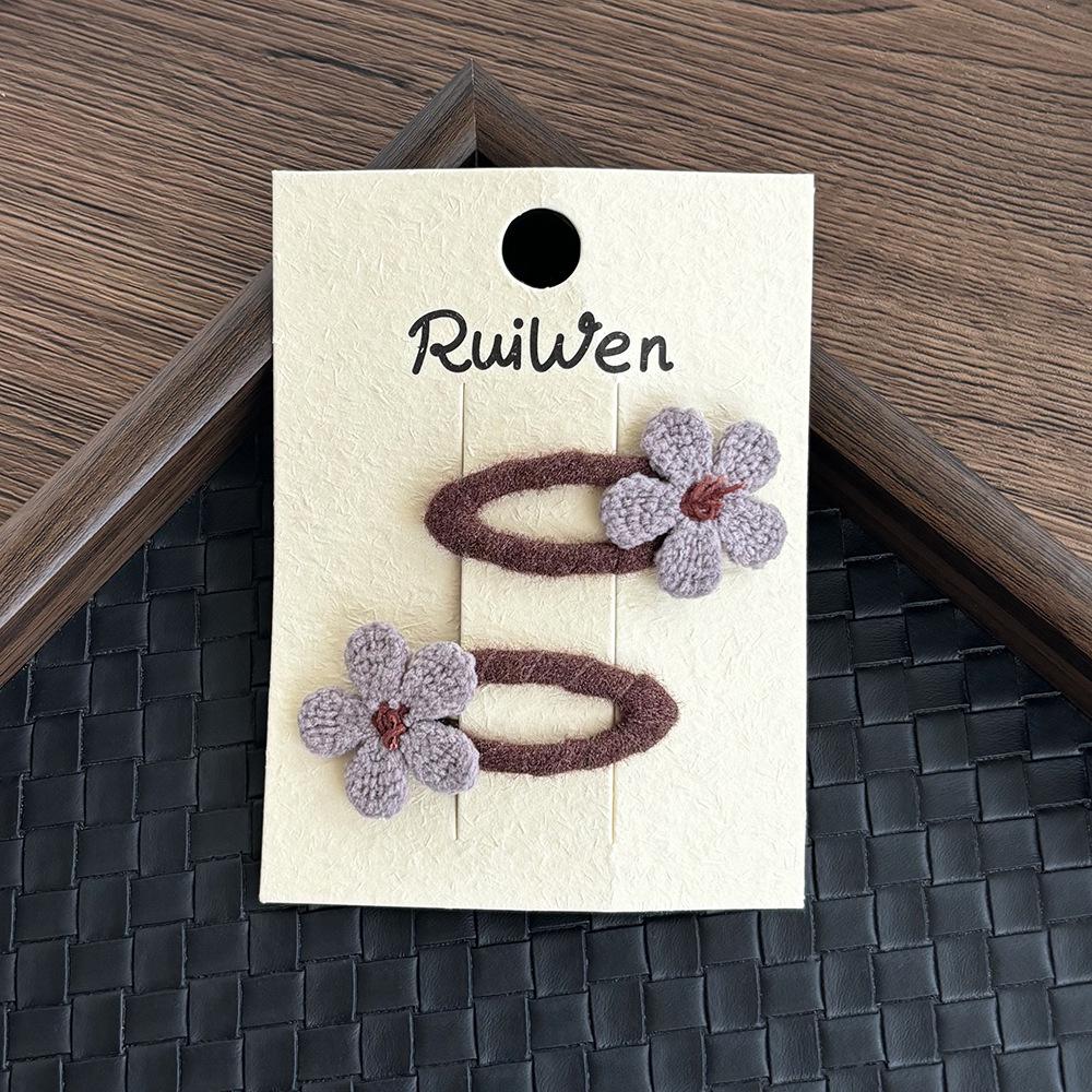 Children's Korean Style Dark Color Embroidered Flower Hair Clips, Autumn/Winter Collection