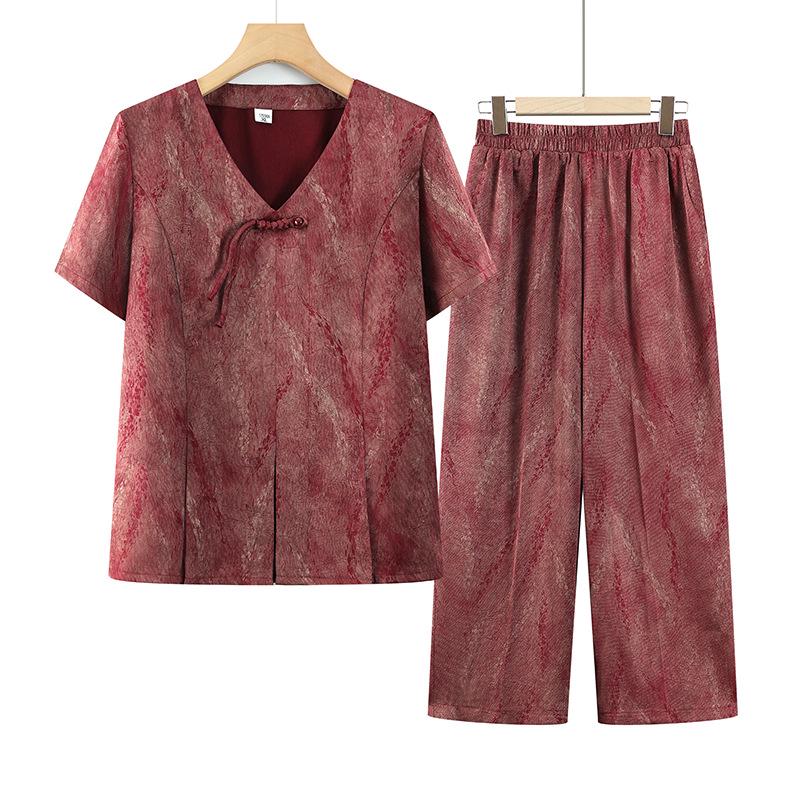

Elegant Summer Plus Size Loose Set: Wide-Legged Pants & Chinese Style Shirt for Middle-Aged and Elderly Women 3XL (suggested for 115-130 jin) красный