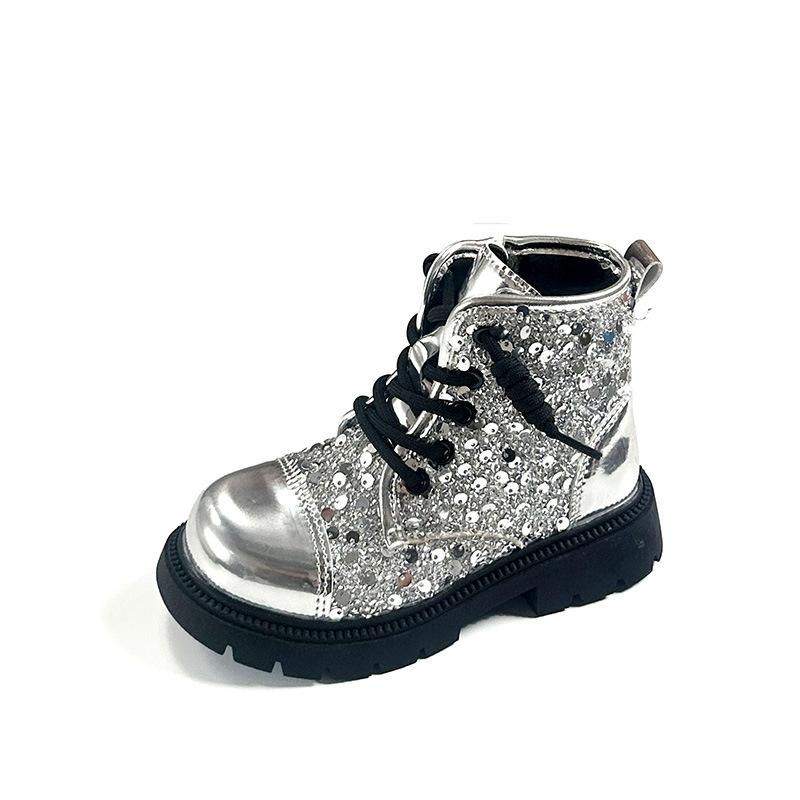 Silver Martin Boots Spring and Autumn Shoes Children's Boots Model Catwalk Girl Shiny Boots Shiny Performance Black
