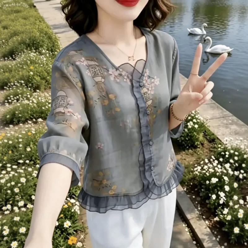 Women S Casual V Neck 3 4 Sleeve Ruffled Summer Shirt