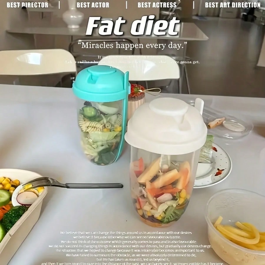 Paquete de 2, 1000 ml/33.8 oz, Vaso para Ensalada, Agitador de Ensalada, Contenedor de Plástico Saludable para Ensalada, Con Tenedor, Compartimento para Aderezo, Vaso para Ensalada de Picnic, Almuerzo, Desayuno