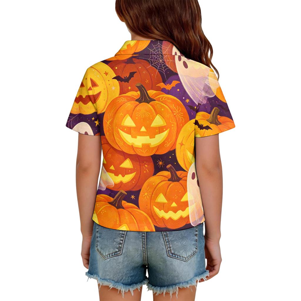 Kids Halloween Print Polo Shirt Short Sleeve Casual Top with Button Collar for Boys and Girls Comfortable Fit Lightweight Fabric