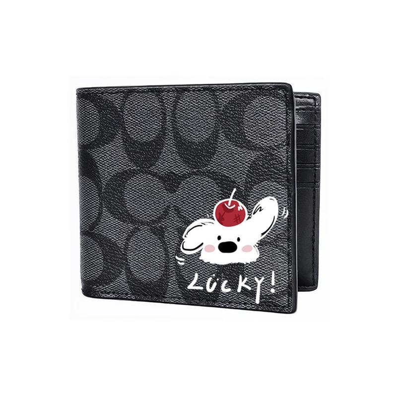Coach Wallet [Customized Bag] 3 IN 1 Hand-painted Personalized Graffiti Embossed Printed Short Folding Belt with Detachable Card Black(apple Puppy)