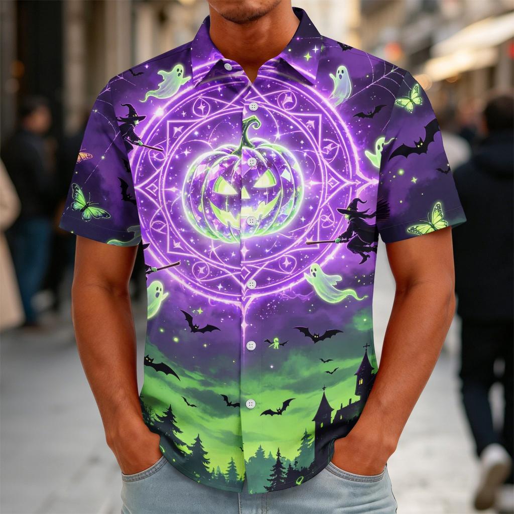 Men's Halloween Print Vintage Button Down Cardigan Shirt - Loose Fit Breathable Summer Casual Streetwear Top