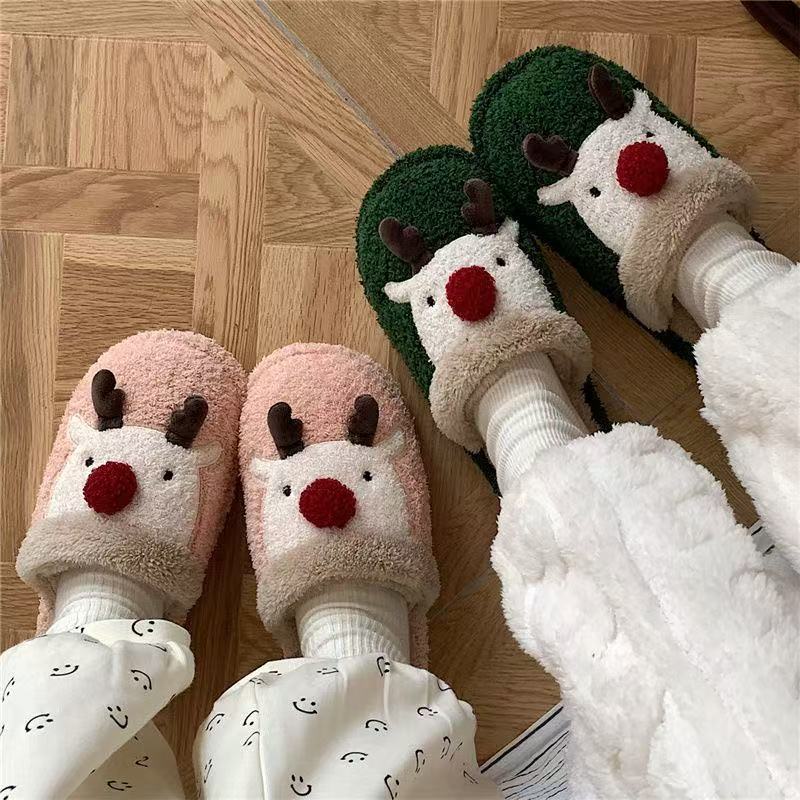 Christmas Reindeer Plush House Slippers Non‑Slip Warm Winter Indoor Home Shoes for Men Women Couple