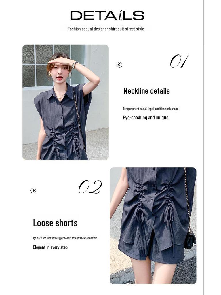 Trendy 2024 Drawstring Sleeve Shirt and Shorts Set: Stylish, Youthful, Two-Piece Casual Outfit