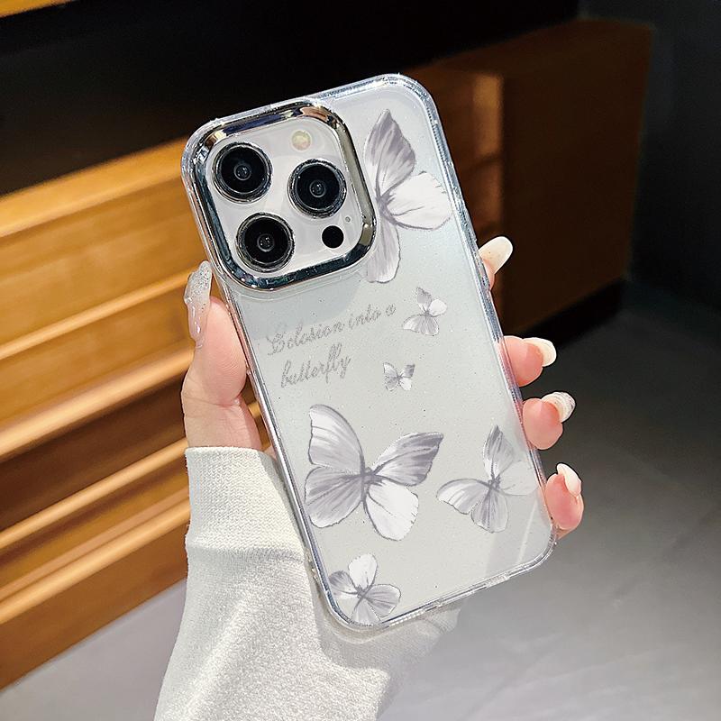 Luxury Electroplating Lens Frame Butterfly Print Case For iPhone 15 16 Pro Max Plus 14 13 12 Pro 11 Transparent TPU Phone Cover
