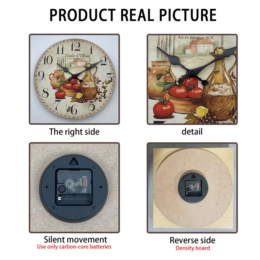 Orologio da Parete in Legno Vintage con Motivo di Olio d'Oliva e Pomodoro della Provenza Soggiorno Camera da Letto Cucina Decorazione per la Casa Orologio al Quarzo Silenzioso Regalo per le Feste