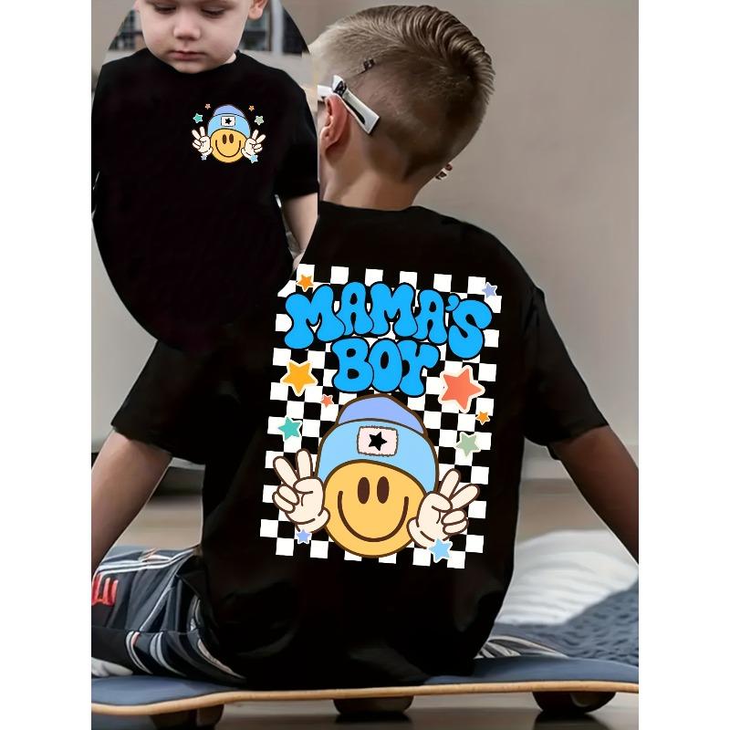 Summer Fashion Boys Short-Sleeve T-Shirt with Checkerboard Element and Letter Double-Sided Print Casual 140 чёрный