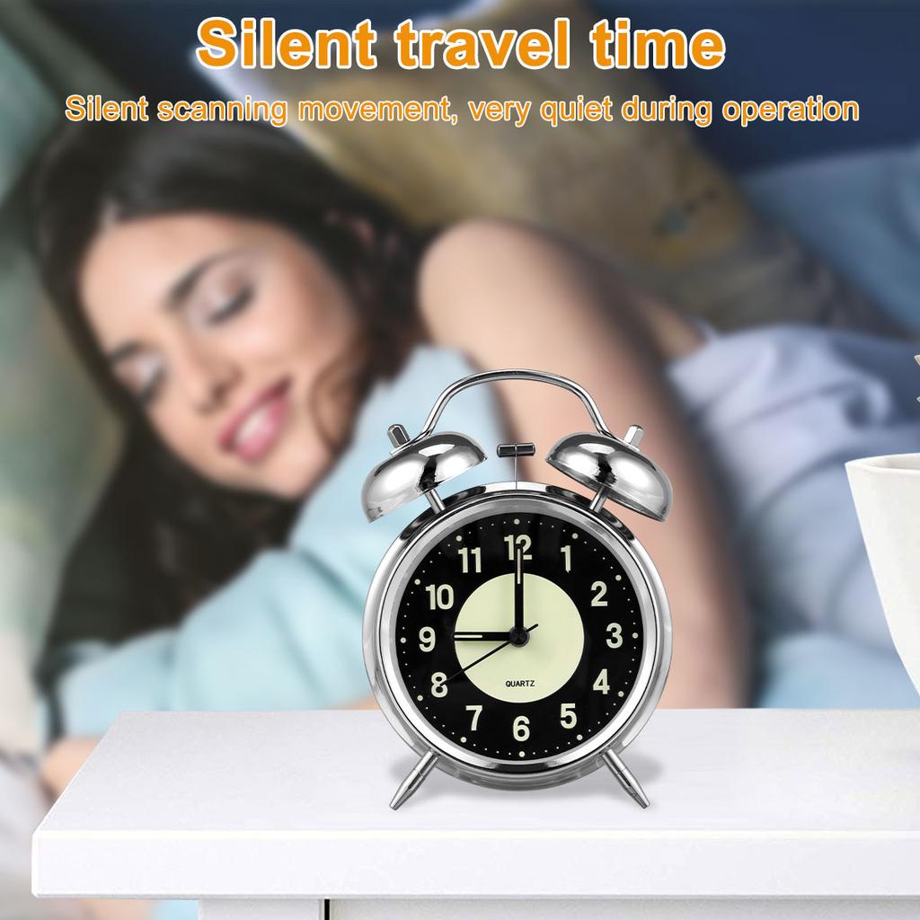 4 Inch Metal Twin Bell Alarm Clock Super Loud Alarm Clock with Night Light Retro Bedside Clock Silent Table Desk Alarms Clocks