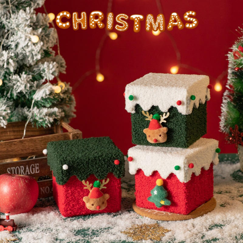 Christmas Gift Box Reindeer Xmas Tree Felt Box with Ribbon Multifunctional Plush Candy Treat Box for Small Gifts Snacks Christma