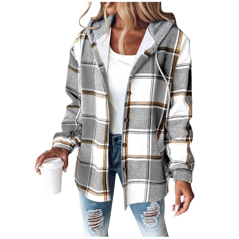 Women S Loose Fit Hooded Long Sleeve Plaid Plush Polyester Coat For Autumn Winter