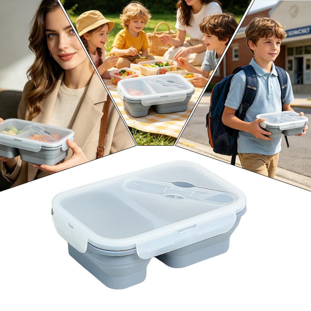 Silicone Lunch Box 2 Compartments Foldable Leak-Proof Bowl 1100ml Lunch Food Containers with Lid and Utensil for Work School