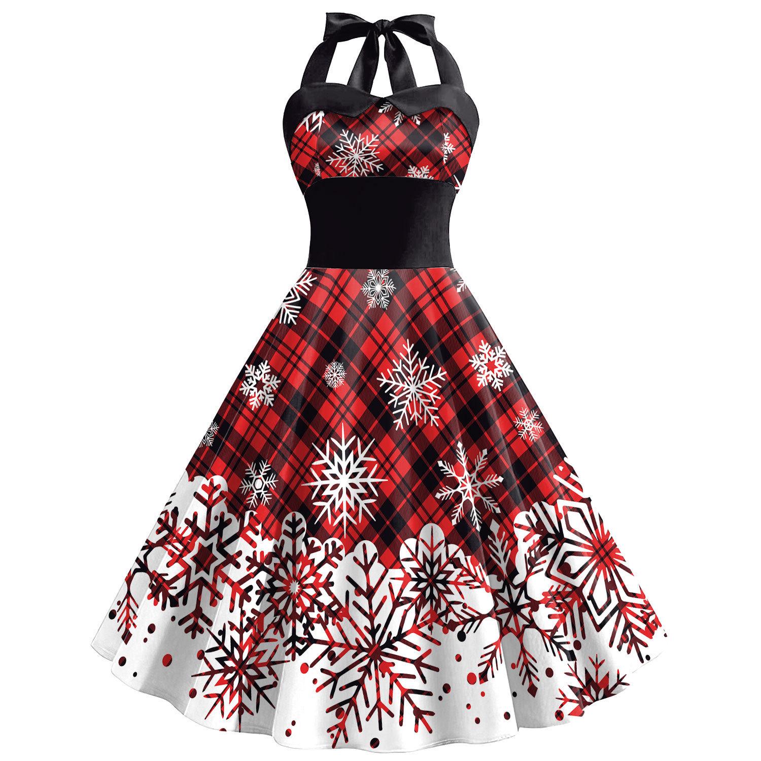 

2025 Women s Christmas Snowflake Print Dress with Tie-Up Straps and High-Waisted Skirt XX-Large