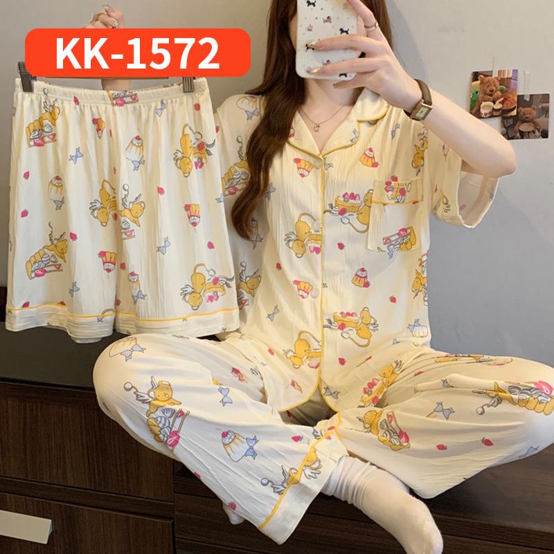 Sweet Striped Bow Print Korean Style Crinkle Pajamas Set for Women - Three-Piece, Short Sleeve Homewear.