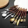Stainless Steel Western Cutlery Set with Wood-Style Handles - Knife, Fork, Spoon, Steak Knife, Dessert Spoon, Titanium Plated
