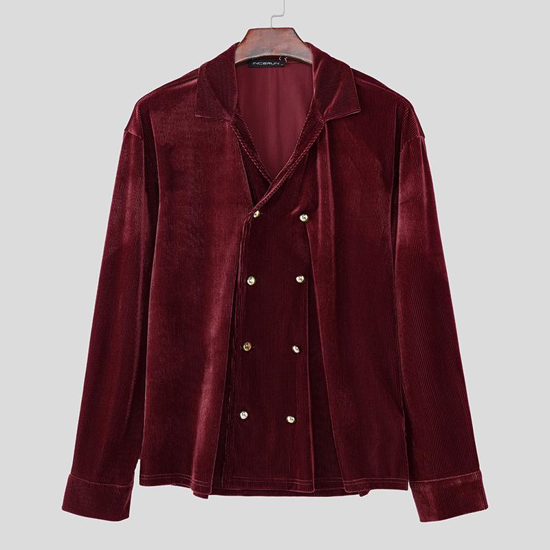 

INCERUN Spring Mens Stand Neck Long Sleeve Pleuche Velvet Button Up Vintage Tops Shirts 4XL вино красного