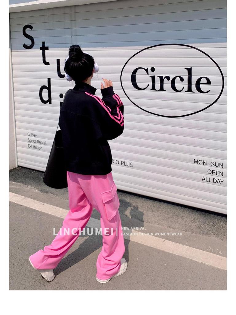 Women's Petite Pink Stand-up Collar Baseball Jacket - Sporty, Casual, for Spring and Autumn
