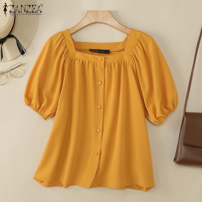 ZANZEA Women Square Collar Summer Casual Loose Half Sleeve Blouse