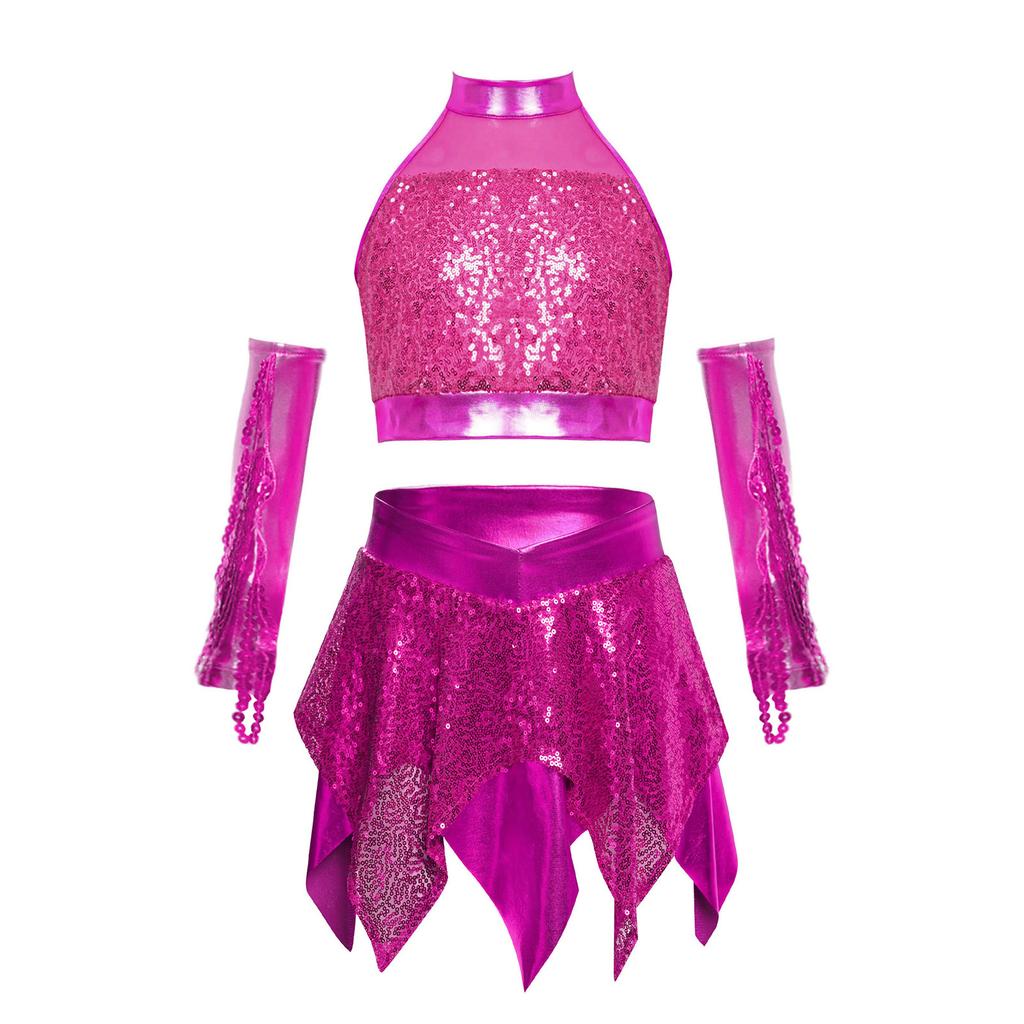 Girls Jazz Sleeveless Keyhole Back Sequins Crop Top Asymmetric Metallic Skirt Sequined Tassels Gloves Set