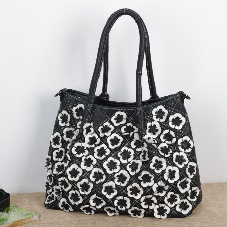 Bohemian Design Leather Bag Flower Contrasting Color Woven Casual Tote Shoulder Messenger Bag Women'S Bag