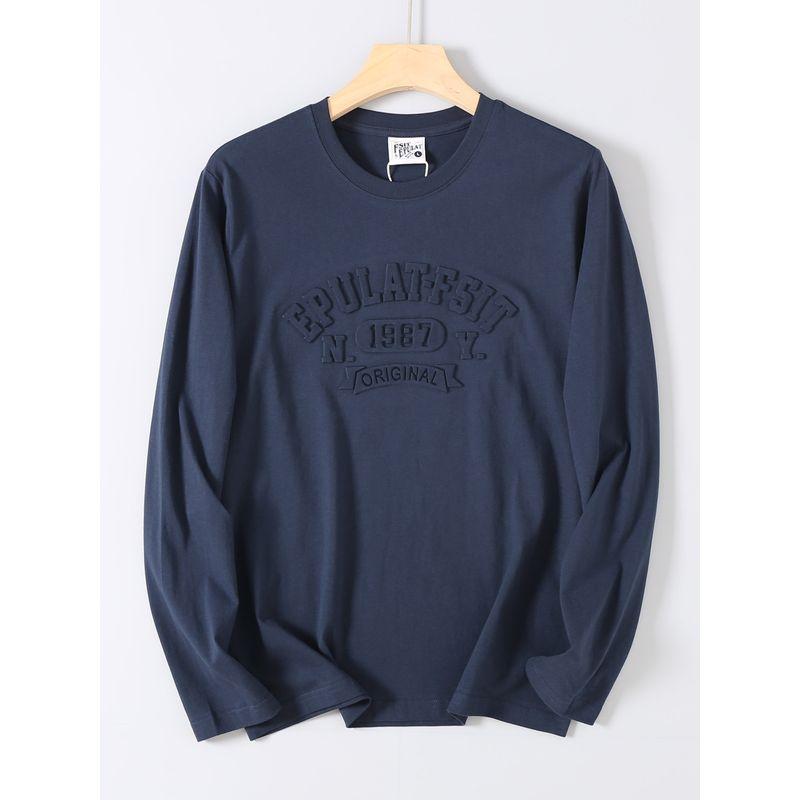 Foreign Trade Surplus Cotton Washed 3D Embossed Printed Long-Sleeve T-Shirt for Men, Autumn Round Neck Casual Base Shirt