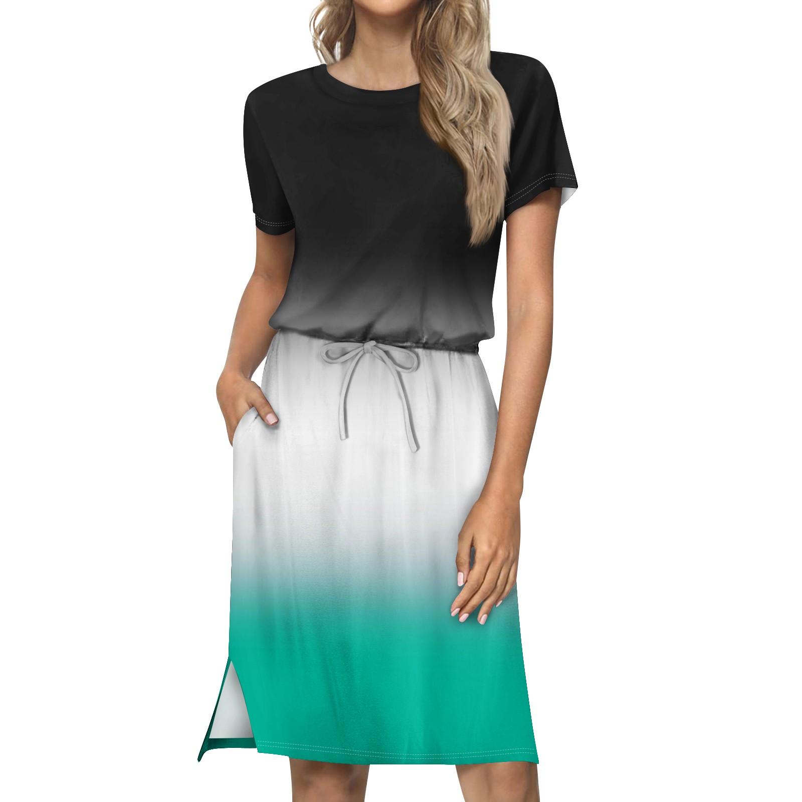 

Женское свободное свободное повседневное платье с круглым вырезом и короткими рукавами с принтом и карманами на шнурке XL