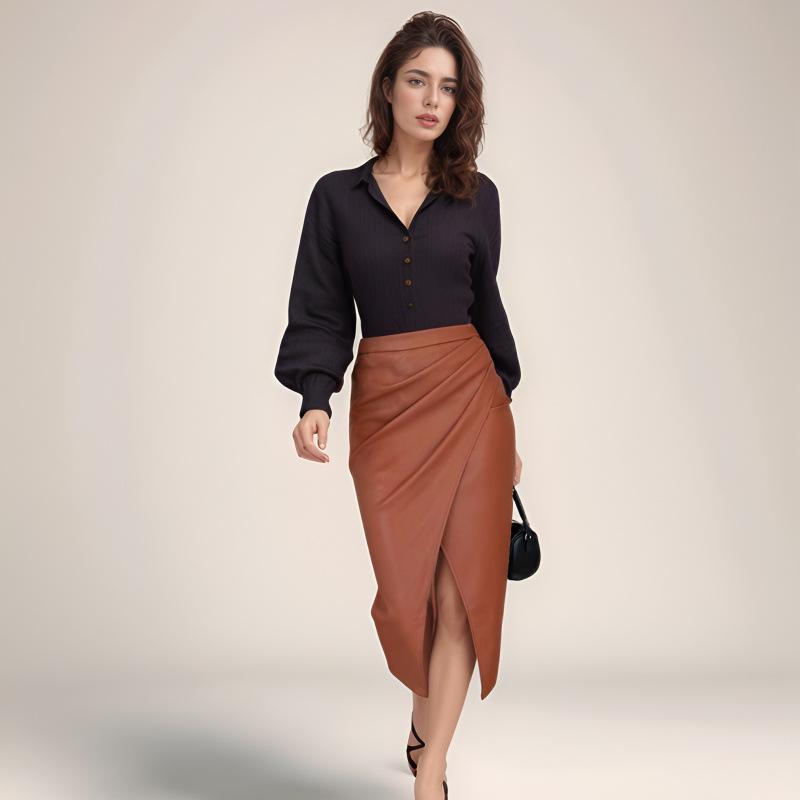 2025 Spring/Summer Women's PU High-Waisted Zipper Ruffle Skirt - European & American Sexy Fit