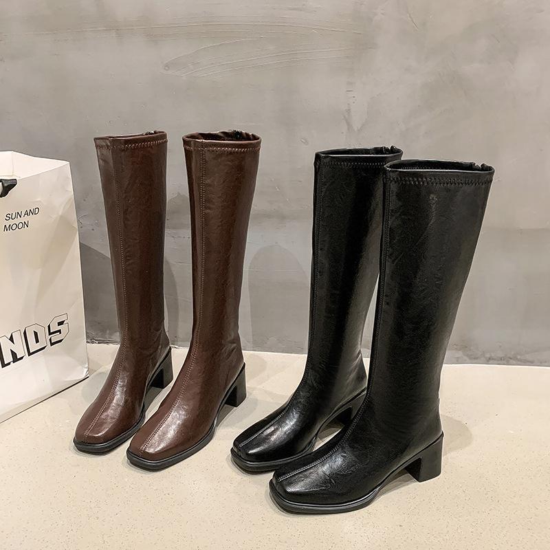 Stövlar med tjock klack för dam 2025 höstens nya modeller, men knähöga bekväma och tunna högklackade stövlar för damskor