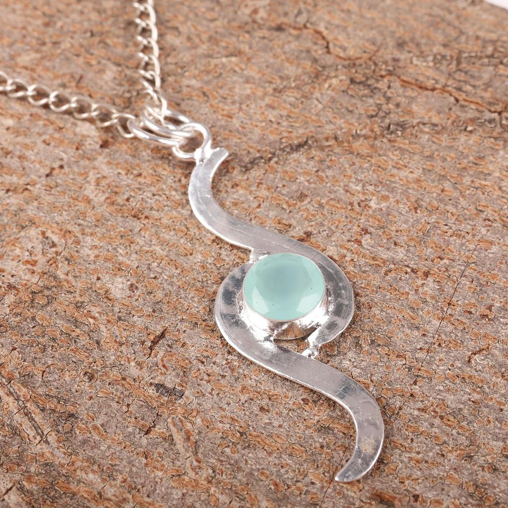 Aqua Chalcedony Handmade Gemstone Jewelry, 925 Solid Sterling Silver Pendant Unique Design Jewelry, For Women