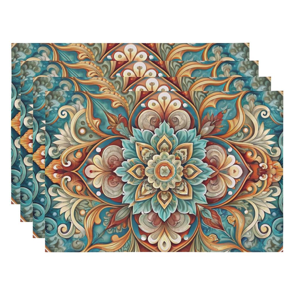 4pcs Polyester Mandala Style Floral Placemats Heat-Resistant Washable Non-Slip Table Mats for Kitchen Dining Table Home Decor