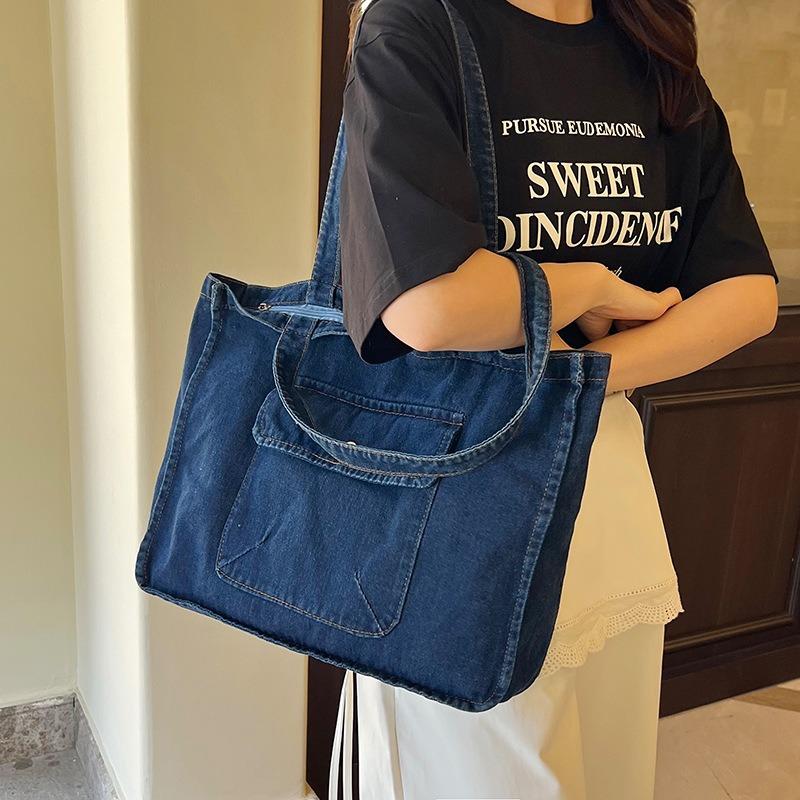 Simple Casual Literary and Artistic Style Versatile Solid Color Denim Bag Shoulder Underarm Bag Large Capacity Tote Bag