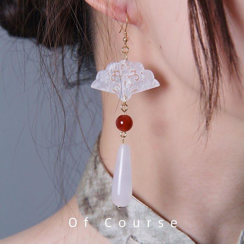 Steel Fun Zircon New Chinese Style Fan Shell Pendent Long Tassel Dangle National Style Earrings for Women Zircon Gift 2024