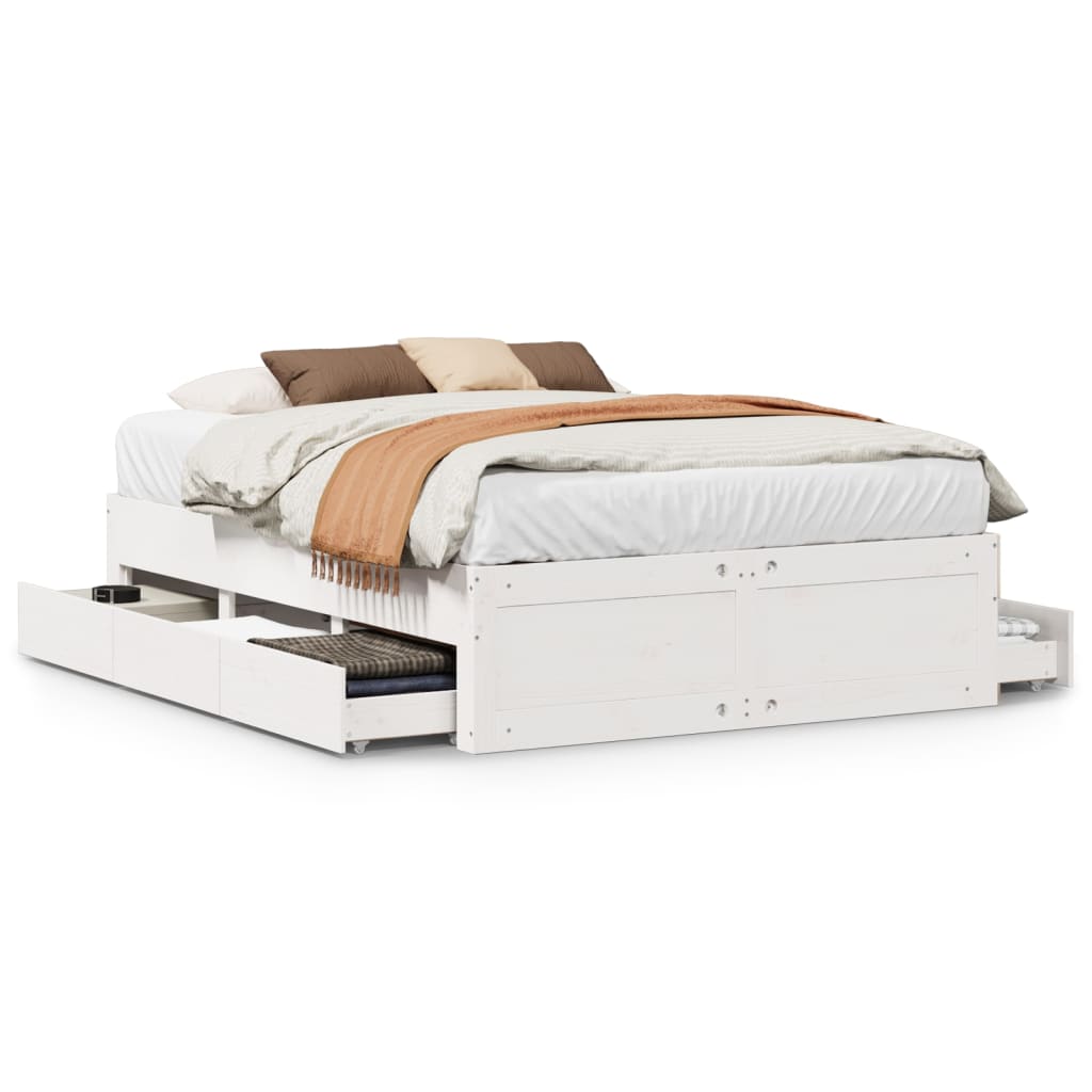 Solid Wood Bed without Mattress with Drawers White 150 x 200 cm