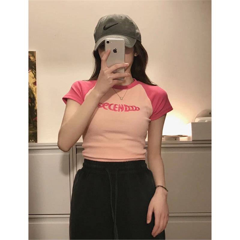 

Korean Style Color Block Embroidered Slim Fit Short Sleeve Women s T-Shirt Small рожевий