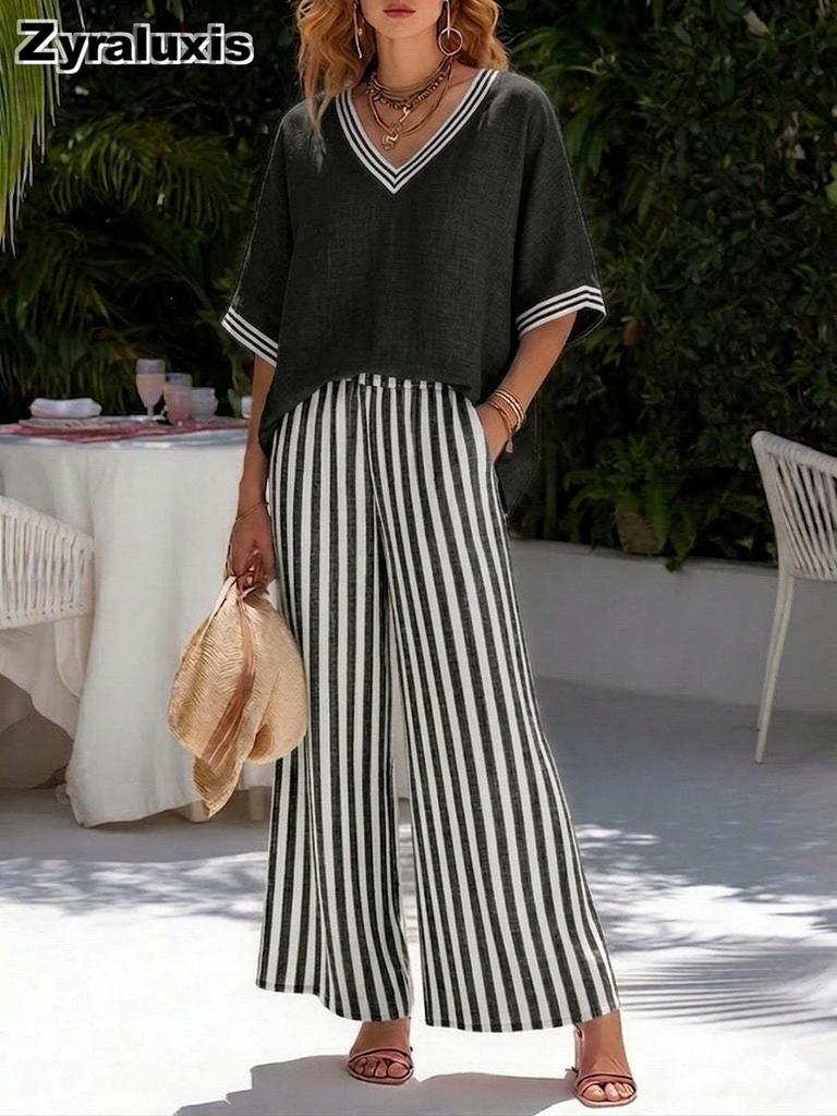 Women's V-Neck Top & Straight Leg Striped Casual Pants Set