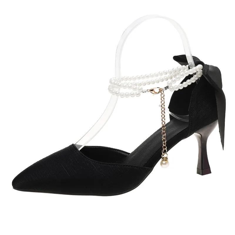 Fashion 2025 Shallow Women's High Heels New Butterfly-knot  Office and Career Sexy Pointed Toe String Bead High Heels Zapatos