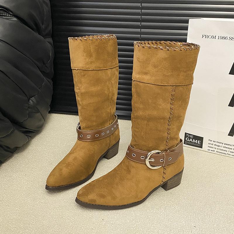 

2025 новая женская обувь нишевая ретро ручной работы танкетка с острым носком прямые сапоги металлическая пряжка ремня танкетка рыцарские сапоги 40 жёлтый