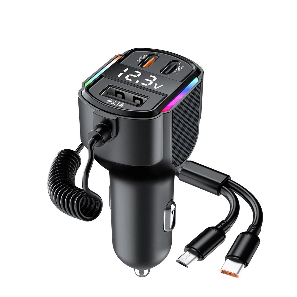 

30 Вт Автомобильное Быстрое Зарядное Устройство Quick Charge QC3.0 Type-C Автомобильный USB Быстрая Зарядка 3в1 Зарядный Кабель Цифровой Дисплей Автомобильный Прикуриватель Для iPhone