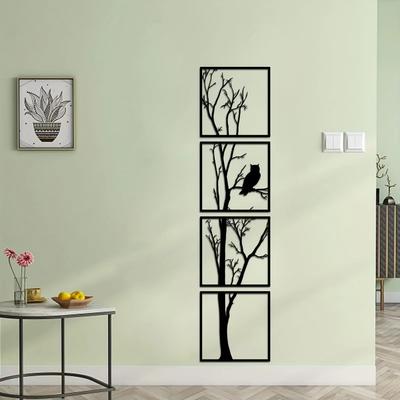 4-Piece Owl Tree Branch Wall Art Set - Black Metal Decoration | Stylish Wall Art for Bedroom, Living Room, Study, and Office