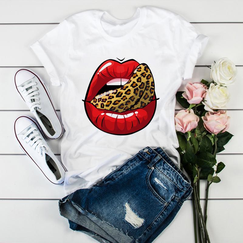 Women Lips Leopard Gold Glitter Print Trendy Graphic Designs T Shirt For Lady Shirt Harajuku O