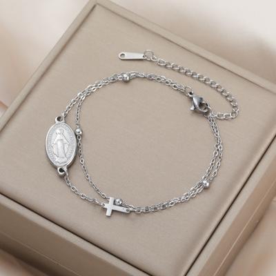 Virgin Mary Cross Charm Bracelet Stainless Steel Double Layer Beads Chain Bracelets Religious Amulet Blessed Jewelry Gift