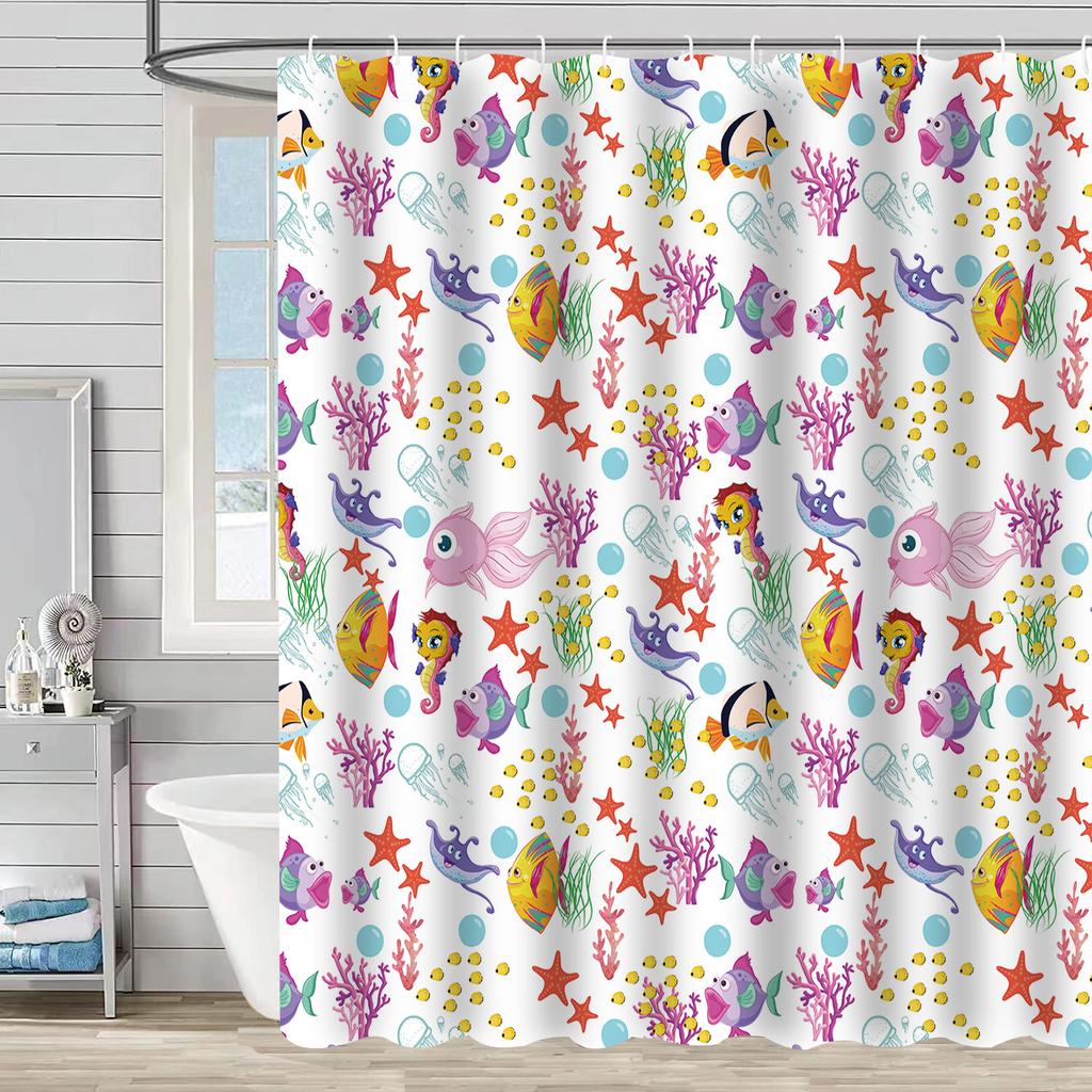 Shower Curtain Waterproof And Mildew-Proof Digital Printing Starfish Shell Shower Curtain Bathroom Partition Curtain Free Punching