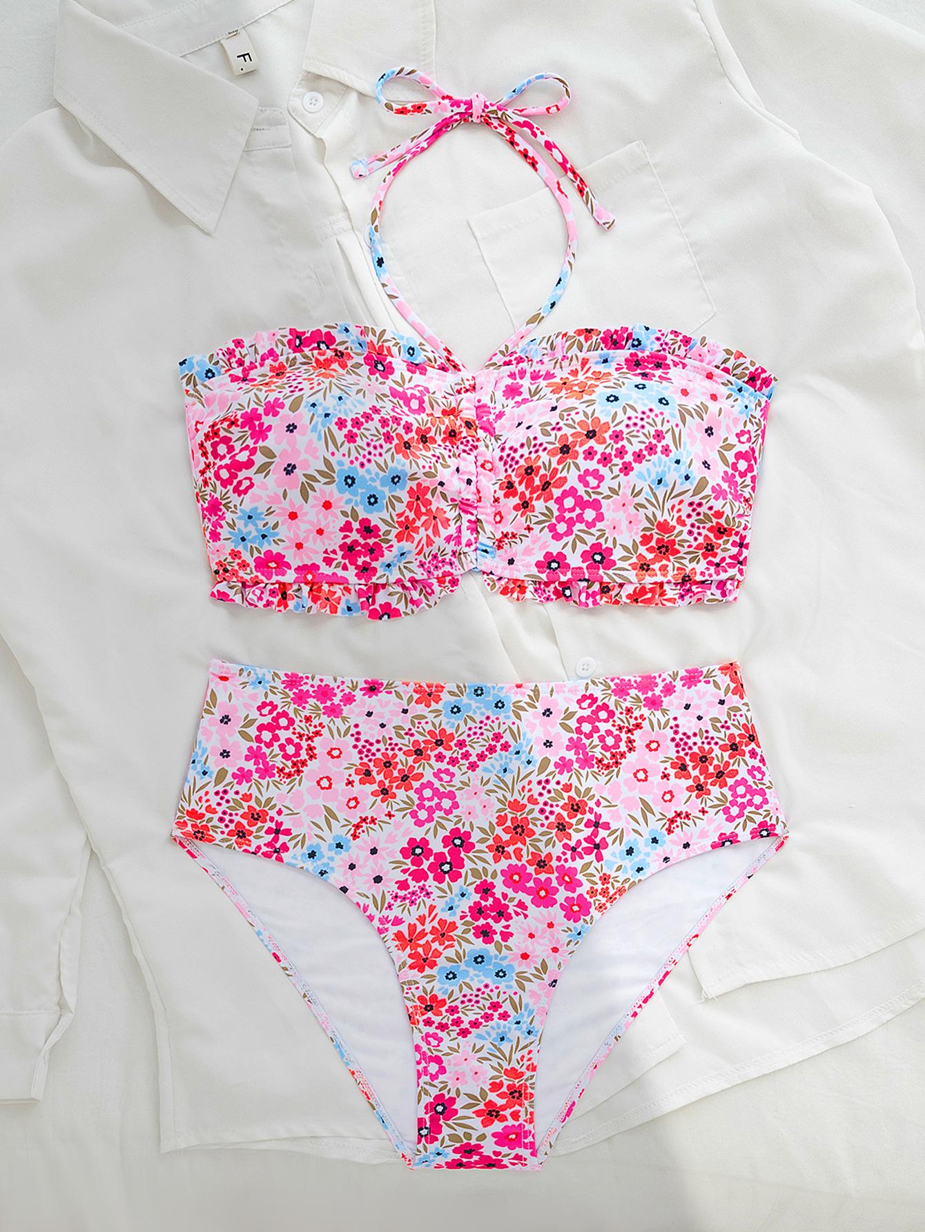 

Floral Neck Tie Strapless High Waist Sexy Split Bikini Swimsuit for Women XL фіолетовий