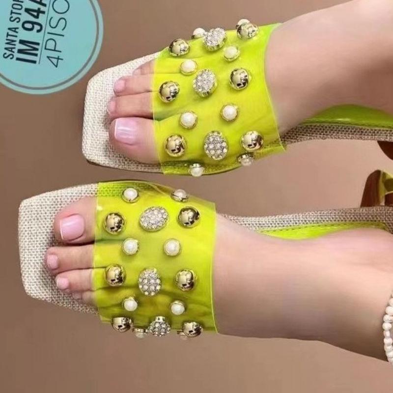 

Женская обувь, лето 2024, повседневные женские туфли на плоской подошве с квадратным носком, однотонные удобные модные женские пляжные тапочки Mujer 41 флуоресцентный желтый