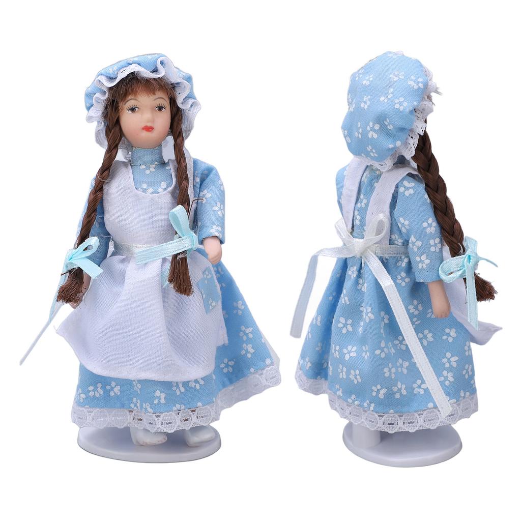 1:12 Dollhouse Ceramic Girl Figures Bendable Joints Girl Doll in Blue with Hood and Braids for Over