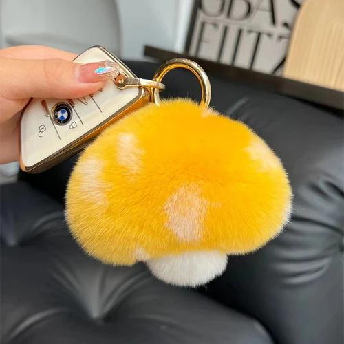 Wholesale Cute Mushroom Real Rex Rabbit Fur Key Chains Girls Schoolbag Toy Pendant  Women Bag Charm Ornaments Car Keyring Gift