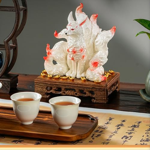 MAXYA Nine-Tailed Fox Figurine with Base, Entryway Ornament, Auspicious Charm, Tamamo-no-Mae, Feng Shui, Indoor Decor, Store Decor, Grand Opening Gift